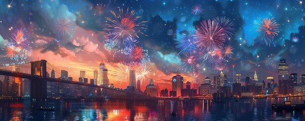 Vibrant fireworks over cityscape at night, reflecting on water, creating festive and spectacular skyline view.