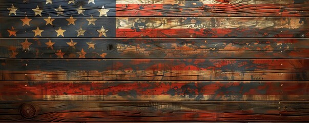 Vintage American flag painted on weathered wooden planks, showcasing a rustic and patriotic design with rich colors and textures.