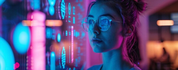 Woman analyzing data on futuristic interface, illuminated by neon lights. Concept of technology, innovation, and futuristic data analysis.