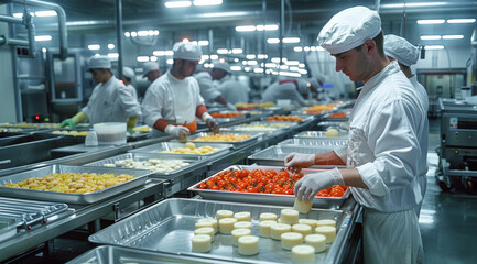 A manufacturing plant bustling with workers packing and preparing food products for global distribution. Generative AI.