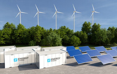 Energy storage systems with wind turbines and solar farms, Green alternative energy, Net zero emissions concept. 3D illustration
