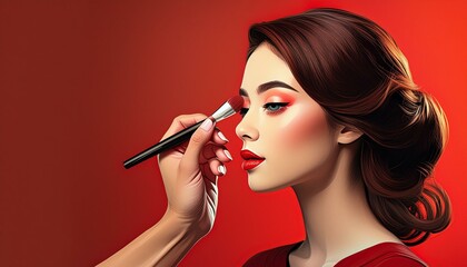 Obraz premium make up artist applying powder on a brunette model on red background