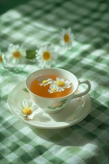 Fototapeta premium white teacup with chamomile tea, garnished with floating chamomile flowers, placed on a white saucer with a green checkered tablecloth