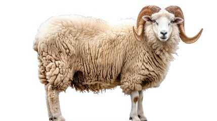 Naklejka premium A detailed view of a fluffy sheep with large curved horns standing on a white background, showcasing its thick wool and majestic presence.