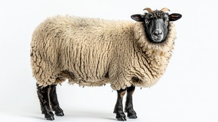 Fototapeta premium A detailed photo of a woolly sheep standing against a clean white background, highlighting its textured fleece and alert expression.