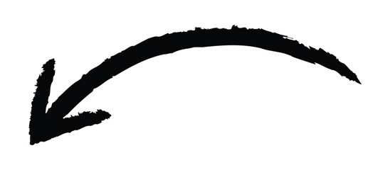 curved arrow. brush stroke painted, hand drawn down direction arrow. png and vector illustration on transparent background.