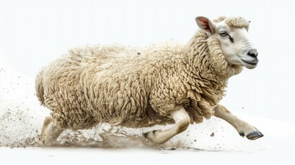 Fototapeta premium A fluffy sheep in motion against a clean white background, capturing its dynamic and lively nature in high-detail photography.