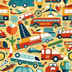 Fototapeta premium Seamless pattern of collage shapes depicting transportation vehicles like cars, planes, and bicycles, Generative AI