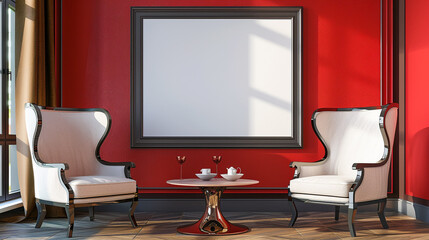 Stylish home interior with a thick-bordered blank frame on a red wall, elegant chairs, and a designer table between them
