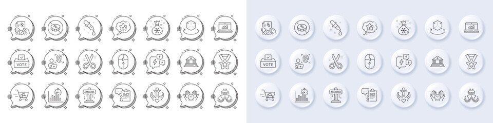 Ship, Stress and Volunteer line icons. White pin 3d buttons, chat bubbles icons. Pack of No cash, Chemistry pipette, Shopping cart icon. Swipe up, Santa sack, Online statistics pictogram. Vector