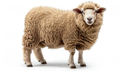 Fototapeta premium Portrait of a fluffy sheep standing on a white background. The woolly animal is looking directly at the camera.