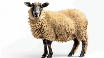 Obraz premium Portrait of a fluffy sheep with black face standing on a white background. Ideal for farming and agriculture stock images.