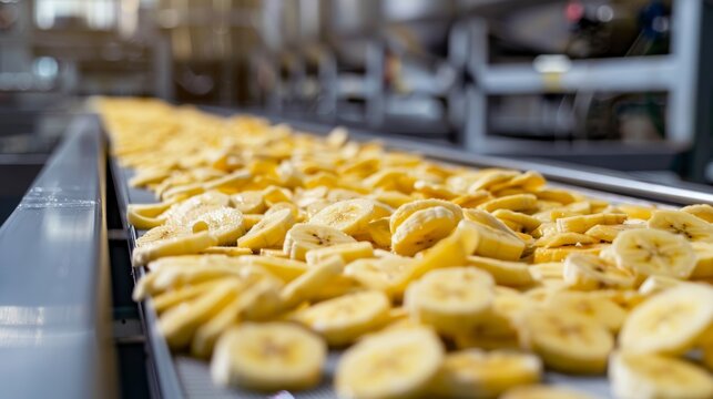 Banana chips on a sleek production line, captured in a modern food plant with a focus on clean processing