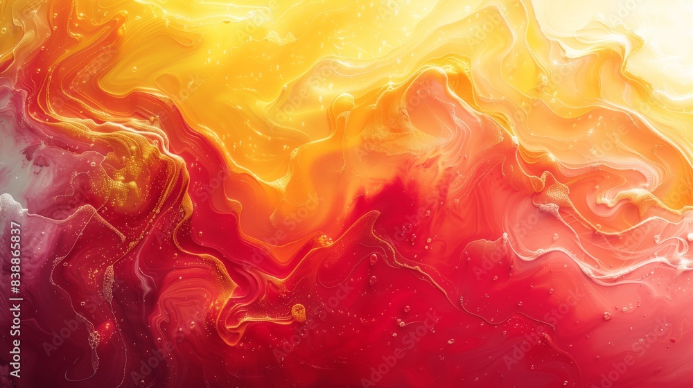 Poster dynamic abstract painting with swirling red and yellow colors creating a lively and bold composition