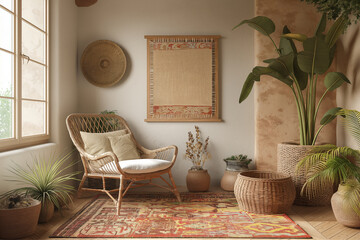 Mockup frame in a boho nomadic interior background with rural decorations