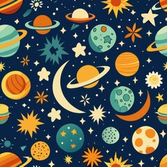 eamless pattern of collage shapes inspired by celestial bodies such as stars, moons, and planets, Generative AI