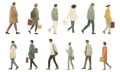 People walking, daily life, pencil drawing. PNG with transparent background