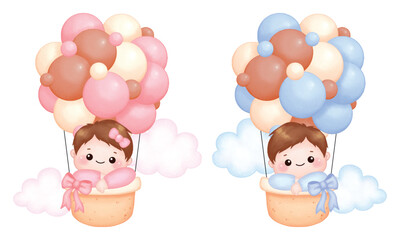 Cute baby boy and girl on hot air balloons