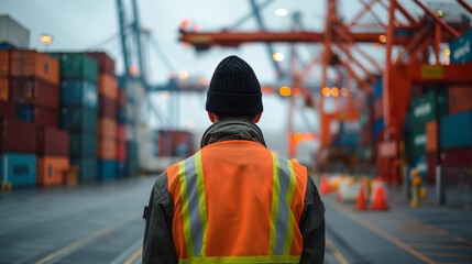 Worker in safety vest and hat near container cranes
