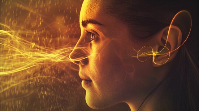 A luminous and detailed depiction of a woman's face, highlighting the body organs involved in the sensory systems, with a focus on the ear and nose.
