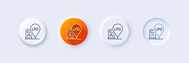 Gas station line icon. Neumorphic, Orange gradient, 3d pin buttons. Filling LPG station location sign. Liquefied petroleum gas fuel symbol. Line icons. Neumorphic buttons with outline signs. Vector