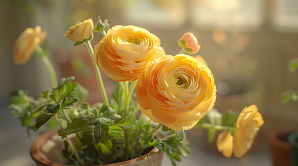 yellow ranunculus in a ceramic pot 