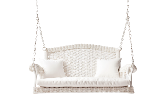 Elegance Suspended: A White Couch Floats on a Chain on a White or Clear Surface PNG Transparent Background.