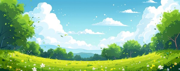春の日差しが降り注ぐ草原のイラスト

