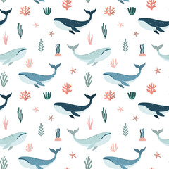 Fototapeta premium Seamless pattern with cartoon style whales. Graphic for wrapping paper, posters, fabric print. Isolated on white background