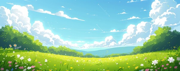 春の日差しが降り注ぐ草原のイラスト
