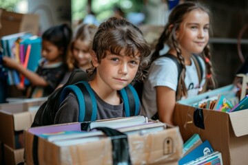 Obraz premium Kids packing their school supplies and books into 