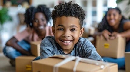Parents and kids packing and labeling boxes 