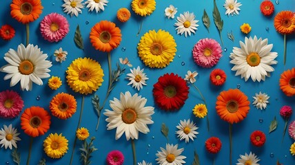 Granater AI V1: Vibrant flowers in various colors against a blue backdrop.