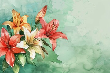 Illustration of the lilies on a light green background in watercolor style, free space