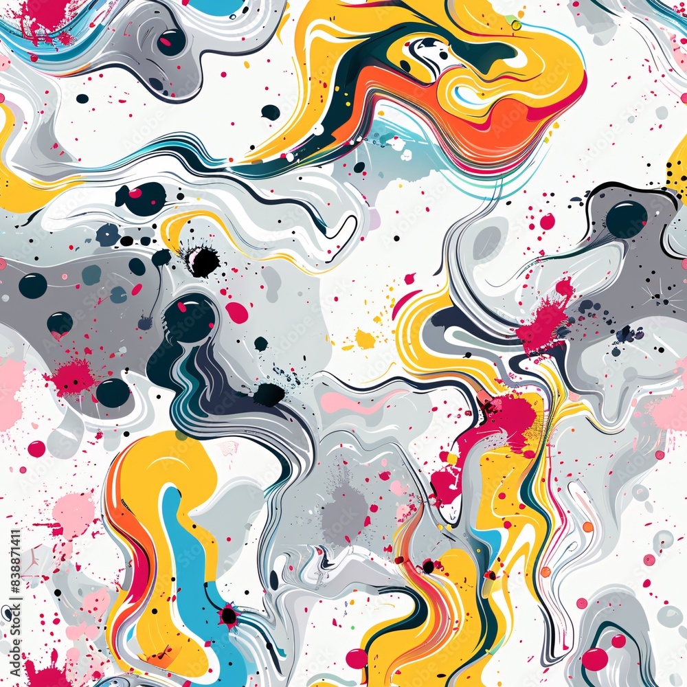 Poster a seamless pattern showcasing an abstract modern background with vibrant splashes of color and fluid