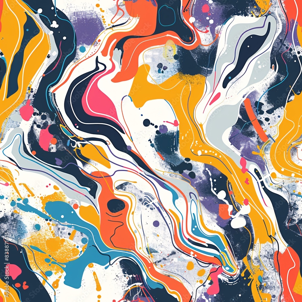 Poster a seamless pattern showcasing an abstract modern background with vibrant splashes of color and fluid