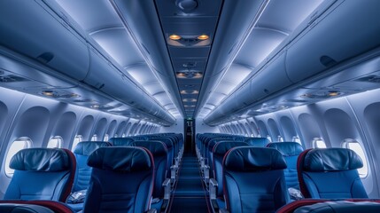 Fototapeta premium Wide-angle view of an empty plane cabin, showcasing rows of clean seats, large windows, and overhead bins, ready for passengers
