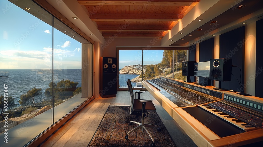 Poster A large, professional audio recording studio with windows overlooking the sea. Generative AI.