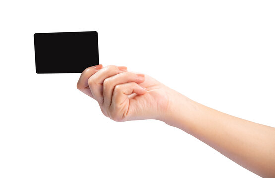 Female hand hold black card isolated on white background, clipping path.