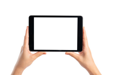 Hand holding digital tablet with blank screen isolated on white background, clipping path.
