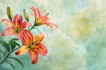 Illustration of the lilies on a light green background, free space