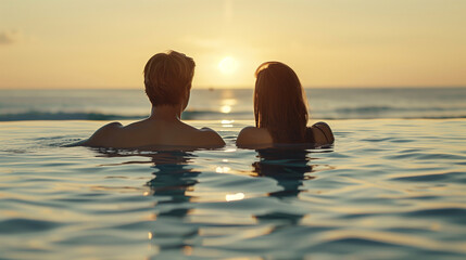 young couple swimming in the pool with beach background in the afternoon, Ai Generated Images