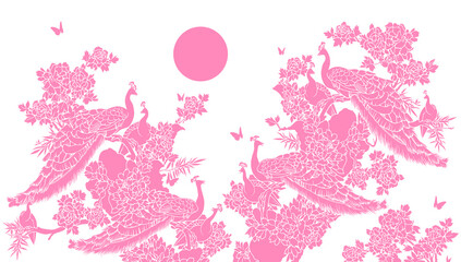 Auspicious Chinese Peacock Graphic Line patterns color tone on a plain colored background are used for decoration.