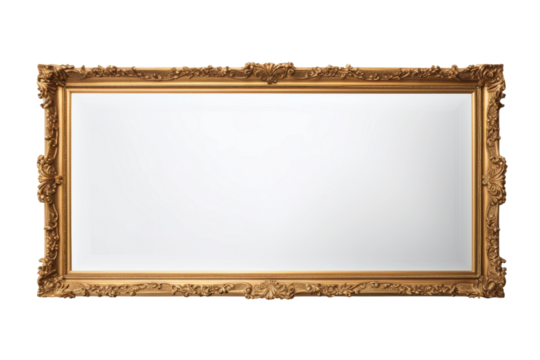 Enchanted Reflection: A Gold Framed Mirror on a White Wall on a White or Clear Surface PNG Transparent Background.