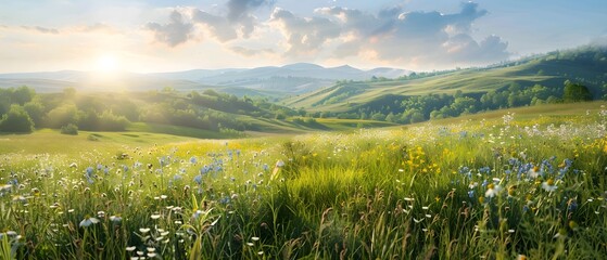 Beautiful sunrise over the meadow, with tall grass and wildflowers in full bloom. 