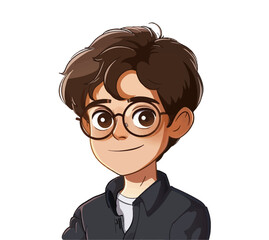 A young boy with glasses and dark hair, smiling in a friendly manner, designed in a cartoonish and charming style. Flat vector illustration.