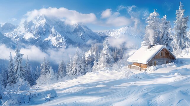 Illustrate a panoramic Winter wonderland with snow-covered pine trees standing tall against a crystal-clear blue sky Add a charming cabin with smoke gently swirling from the chimne