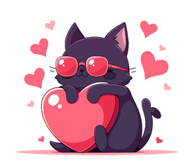 Fototapeta premium A black cat wearing red sunglasses and hugging a large red heart with hearts in the background. Flat vector illustration.