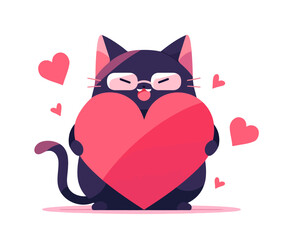 A cute black cat holding a heart, surrounded by floating hearts, exuding love and affection. Flat vector illustration.