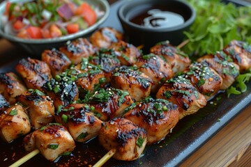 Yakitori - Skewers of grilled chicken served with dipping sauces. 